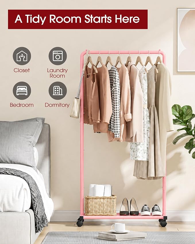 Sakugi Clothes Rack - Clothing Rack with Storage Mesh Shelf & Casters, Heavy-Duty Metal Clothing Rack for Hanging Clothes, Dresses, Coats, Large Load Capacity, Easy Assembly, Pink, 28.0"x16.9"x59.0"