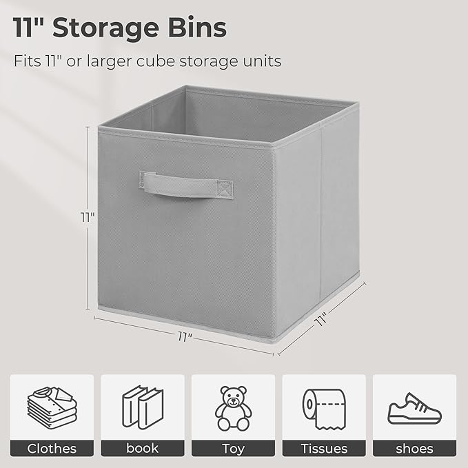 11x11 Inch Storage Bins Cubes, Fabric Foldable Storage Box, Collapsible Closet Organizer for Clothes, Blankets, Office, Bedroom, Living Room, Shelf Cabinet, Bookcase, Gray, 7 Pack