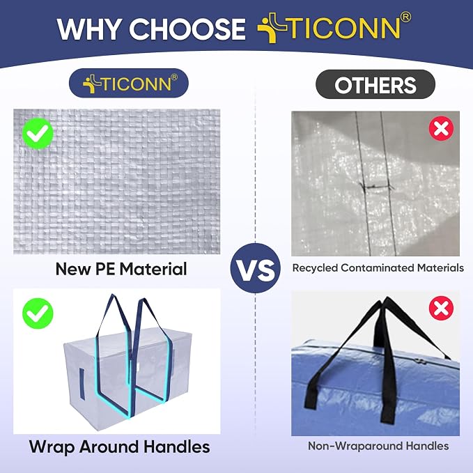 TICONN 2 Pack Extra Large Moving Bags Heavy Duty with Zippers & Carrying Handles, Durable Storage Bags Moving Boxes for Closet Organizers and Storage (2 Pack, Navy)