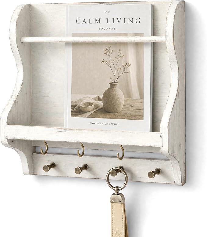 Pine Wood Mail Organizer Wall Mount with 7 Hooks for Home Decor, Whitewash | Mail Holder for Wall, Sunglasses and Wallets, Key Hanger, Farmhouse Magazine Holder, Wall Storage, Apartment Rustic Aesthetic