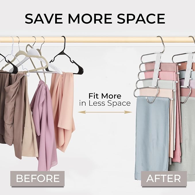 MORALVE Pants Hangers Space Saving - 2 Pack - Non-Slip Multi-Layer Space Saving Hangers - Multifunctional Clothing Rack for Closet Storage - Ideal for Jeans, Trousers, Skirts, Scarves & Slacks (White)