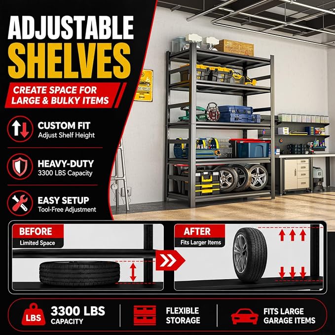 Garage Shelving, 3300 LBS Storage Shelves with Side Guard | 5-Tier Garage Storage Shelves,Adjustable Industrial Shelves with Thickened Double-Layer Posts for Garage 36×16×72in
