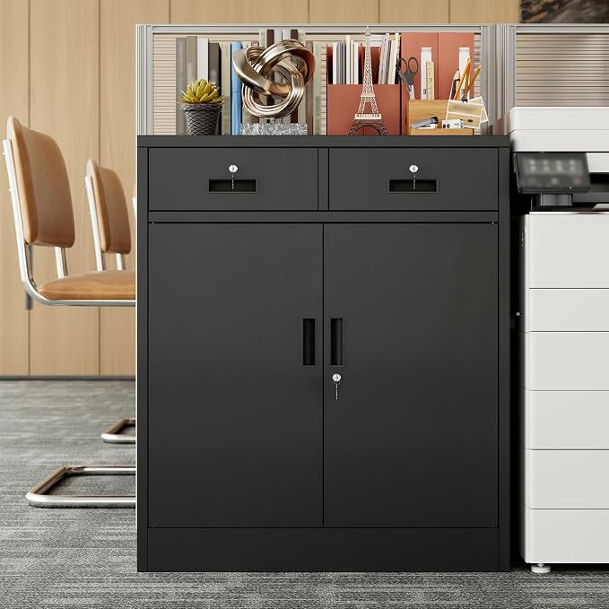 BESFUR Metal Garage Storage Cabinet with Two Lockable Drawers 2 Locking Doors and an Adjustable Shelf, 36" Black Metal Short Storage Cabinet for Home Office,Garage,School,Utility Room