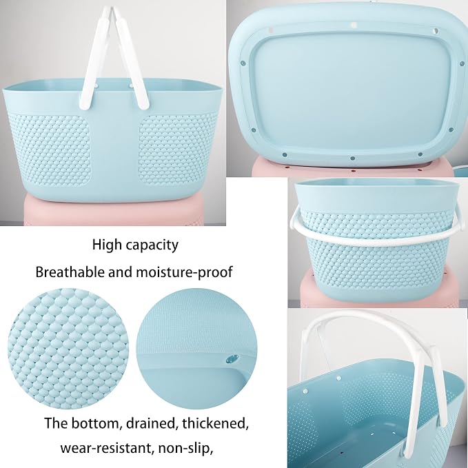 rejomiik Portable Plastic Shower Caddy Basket Organizer with Handles, Blue | Large Capacity Storage Tote for Bathroom, College Dorm Essentials, Bath Toy Storage, Kitchen