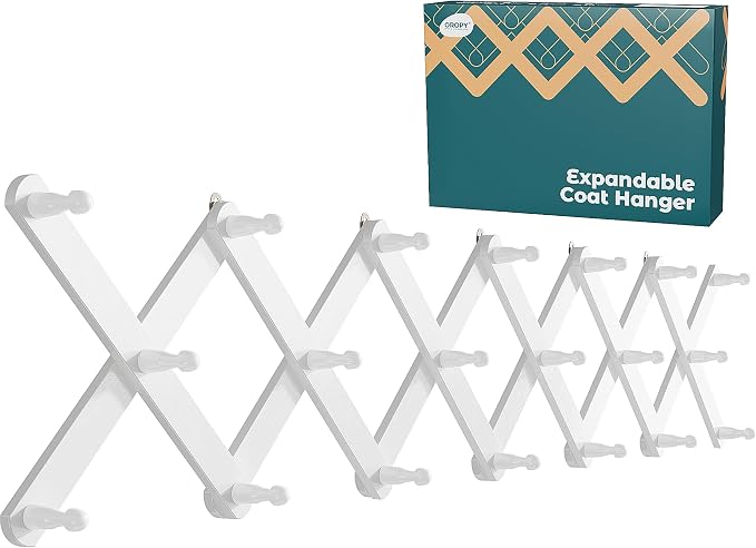 OROPY Accordion Wall Hanger with 20 Pegs, Expandable Wooden Coat & Hat Rack | White Color, Hat Display Rack, X Shape Rack for Coat, Hats, Bags, Baseball Caps, Coffee Mug, Jewelry