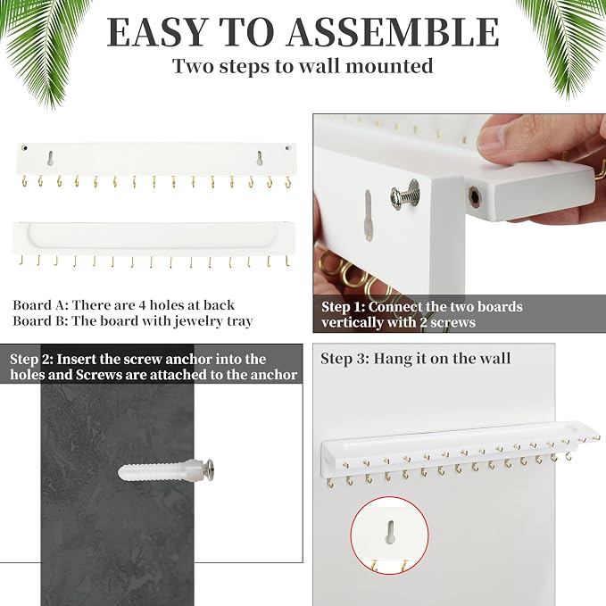 YYILIS Necklace Holder, Upgraded Extra Large Wall Necklace Organizer | 30 Hooks Wall Mounted Necklace Hanger with Jewelry Tray / Cosmetics Shelf Rustic Pine Wood Holder (White)