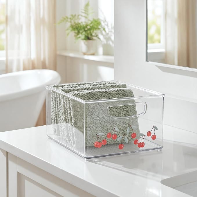 iDesign Bathroom Organizer Bin, Clear/Cherries | Decorative Print, Stackable, Plastic Storage Basket, For Makeup & Vanity Organization