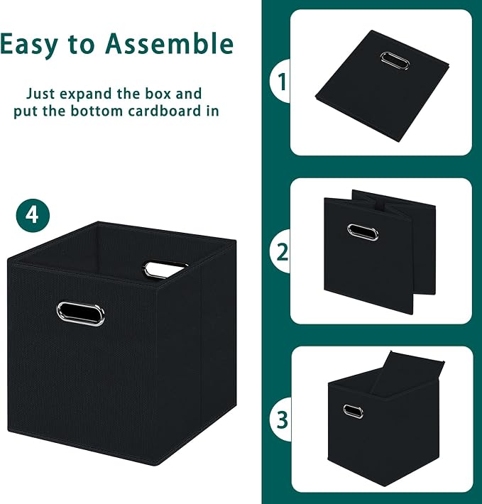 Black Foldable Storage Cubes Bins, Fabric Storage Box Cubes Organizer Baskets with Dual Handles for Home Organizer,Set of 6,(Black)