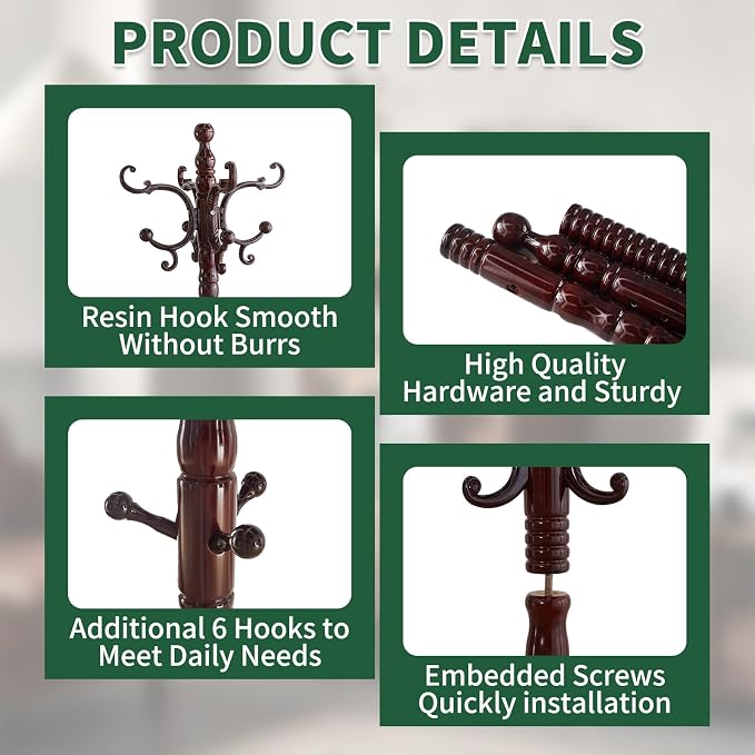 OIRUMIE Solid Wood Coat Rack, Vintage Coat Rack Frestanding for Entryway | Wooden Coat Rack Stand with 14 Hooks,Classic Coat Hanger Stand with Round Base,Coat Clothes Tree Stand for Hallway,Office