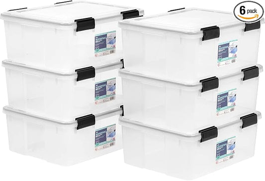 IRIS USA 6-Pack 31 Qt Storage Bins with Gasket Lids, Clear/Black | WeatherPro seal protects everyday essentials in closets, offices and laundry rooms