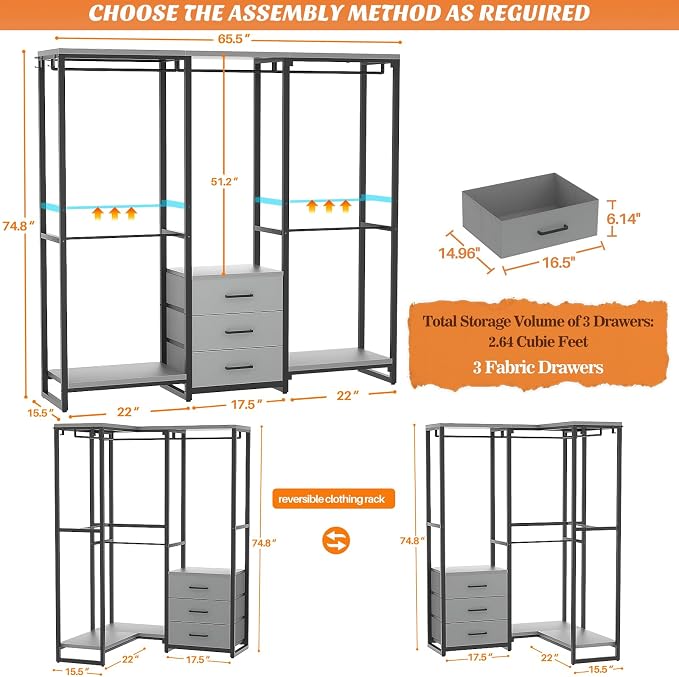 Aheaplus Garment Rack Heavy Duty Clothes Rack for Hanging Clothes,Clothing Rack with Drawers, Wood Stoarge Shelf Freestanding Closet Wardrobe Rack, Corner L Shaped Closet System Organizers, Grey