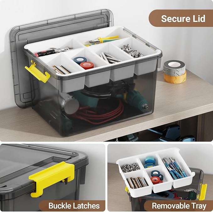 80Qt Stackable Storage Bins with Lids Trays Craft Box Organizers, 2Pack, GY | Clear Plastic Latching Boxes Organizers with Dividers Portable Containers for Arts & Crafts, Home Office Classroom Car Trunk