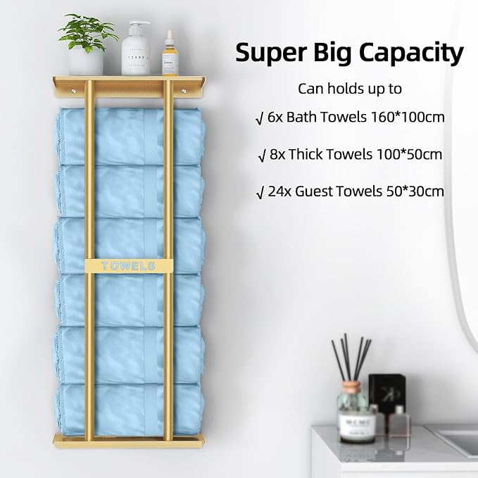 STWWO Bathroom Towel Storage Rack for Bathroom, 30 inch Towel Racks Wall Mounted with Shelf Can Holds 6 Large Towels, Wall Towel Rack for Rolled Towels, Gold | Towel Racks for Bathroom for Rolled Towels Folded Bath Towels, 30 inch