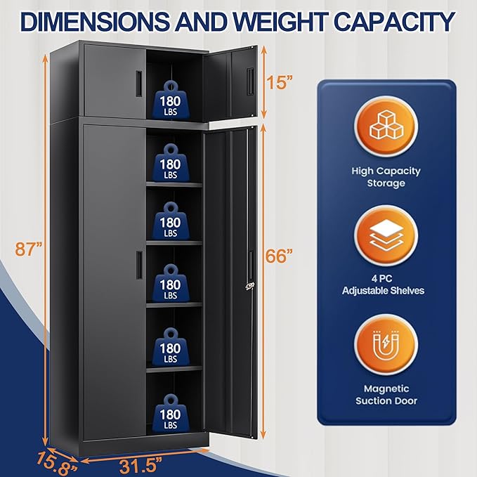 BESFUR Metal Storage Cabinet 87" H,Tall Locking Storage Cabinets with Top Cabinet and 4 Adjustable Shelves for Home Office, Garage,School, Apartment, Warehouse, Utility Room，Black