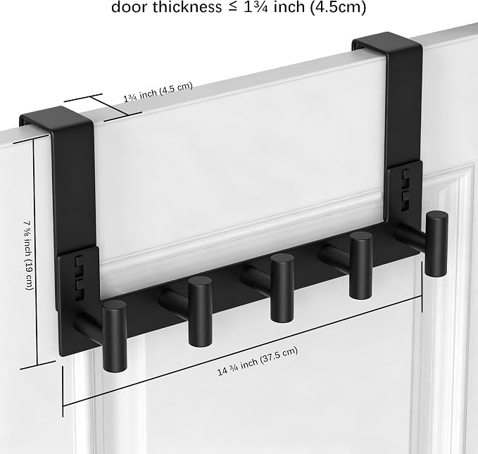 WUIVIUT Over The Door Hooks Door Hanger for Hanging, Heavy Duty Rack Bathroom Hook for Clothes, Coat (5 Hook, Fits 1-3/4'' Thick)