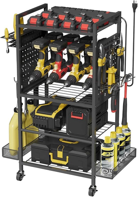 Power Tool Organizer Cart with Charging Station, Heavy Duty Garage Tool Organizer Rolling Tool Battery Storage with 8-Outlet Power Strip, a 4.9-FT Cord,4 Wheels, 2 Hanging Baskets,Hooks .Black