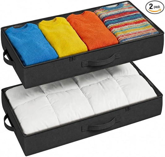 TidyCorner 2-Pack Under Bed Storage Containers, 4.5 Inches Tall Low Profile Underbed Clothes Storage Organizer Bin with Sturdy Sidewalls/Bottom, Underbed Storage Bins, Black