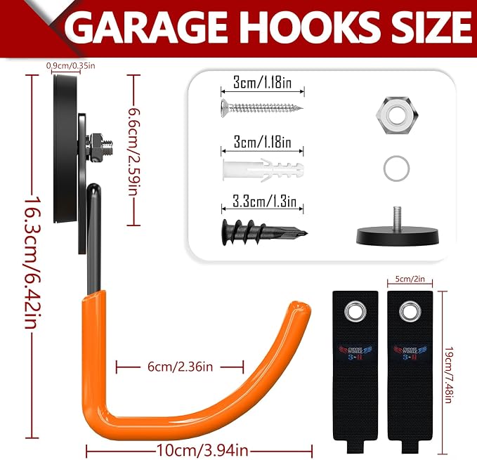 3-H Heavy Duty Magnetic Hooks, Large Magnet Hooks,4 Pack Orange | No-Drill Tool Holder for Garage,Power Drill,Garden Tools,Hose Storage
