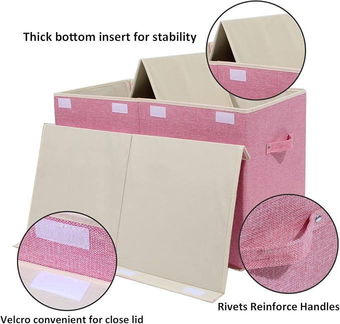 Large Toy Box Chest Storage with Flip-Top Lid, Kids Toy Storage Bin Boxes | Toy Chest with Rivets Handles for Kids, Boys, Girls, Nursery, Playroom, Living Room, Bedroom, 25"x 13" x 16" (Linen Pink)