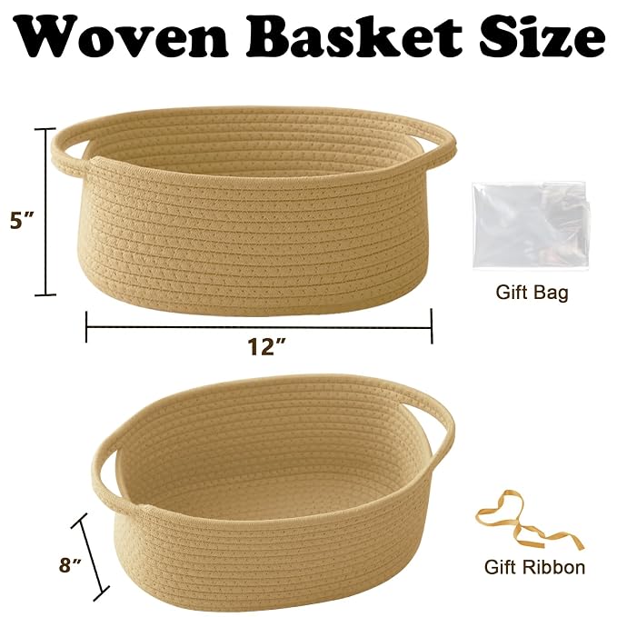 Woven Rope Basket - Baby Gift Basket with Bag & Ribbon | Cotton rope with handle, 12x8x5 in, gift bag and ribbon, for baby shower, birthday, toy storage, nursery, shelf decor