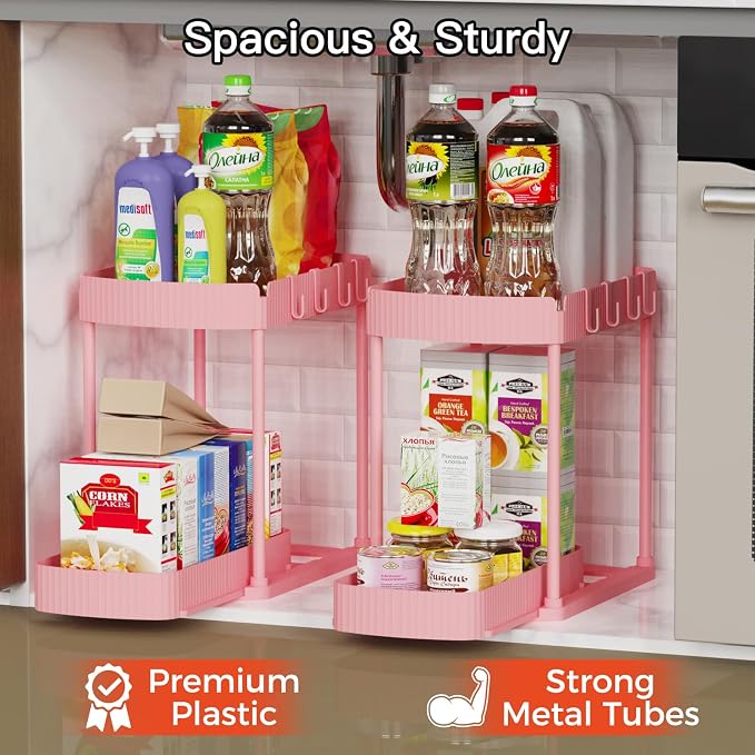 Ukeetap 2 Pack Multi-Purpose Pull-Out Storage Organizers, Under Sink & Cabinet Organizers, 12.8 Inch Pink