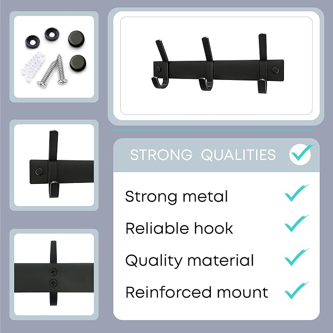Coat Rack Wall Mount – 9 Inch Stainless Steel Small Hook Rail with 3 Double Coat Hooks for Hanging – Wall Mounted Entryway Organizer for Coats, Hats, Bags, Towels, Robes, Bedroom or Bathroom - Black