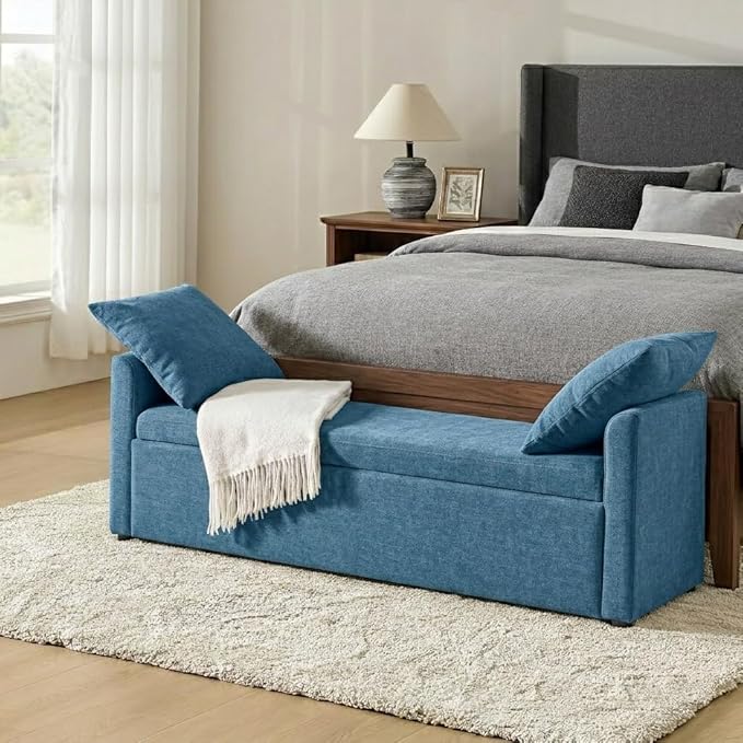 HULALA HOME 59" Storage Bench with 2 Throw Pillows & Armrests, Teal | Modern Long Bedroom Bench for End of Bed, Comfy Upholstered Fabric Footstool for Entryway Living Room