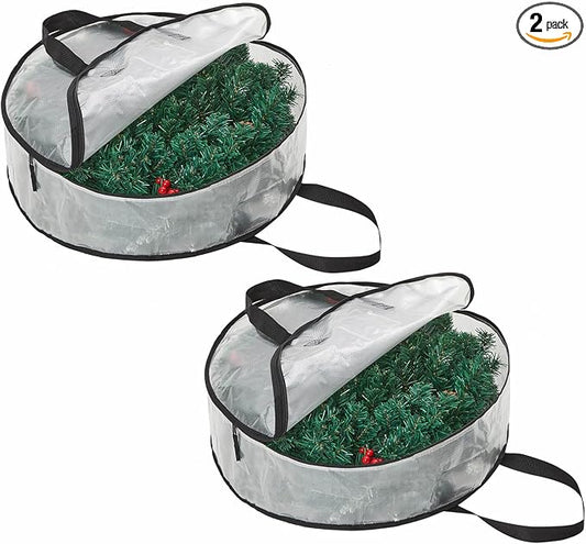 Hayoulabo 2 Pack Clear Christmas Wreath Storage Bags 24 Inch - Waterproof Wreath Container with Dual Zipper and Reinforced Handles for Artificial Wreath, Garland and Holiday Decor Organization