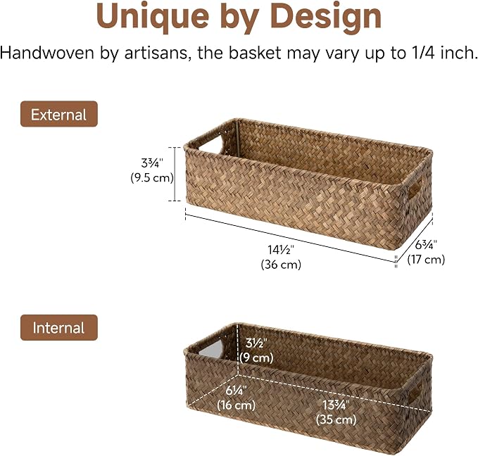 StorageWorks Wicker Seagrass Baskets, Toilet Basket Tank Topper, Brown | Toilet Paper Baskets for Back of Tank, Bathroom Basket Organizer and Storage, Small Tank Trays for Decor with Built-in Handle