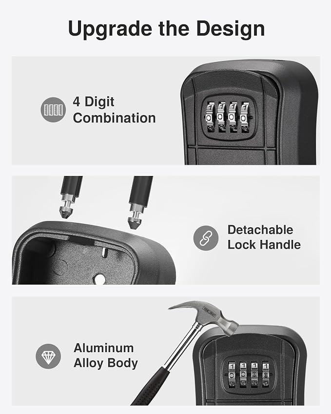 Puroma Key Lock Box, Portable Combination Lockbox Wall-Mounted Storage for House Keys, Resettable Code Safe Security Lock Box for Home, Office, Apartment Spare Key Storage (4 Pack, Pure Black)