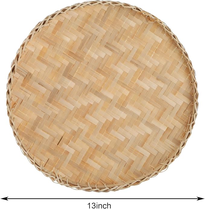 3 Pieces Handmade Bamboo Woven Basket Tray, 13 Inch Round Flat Wicker Baskets, Shallow Food Storage Serving Trays Decorative Wall Hanging Baskets for Breakfast, Fruit, Snacks (Beige)