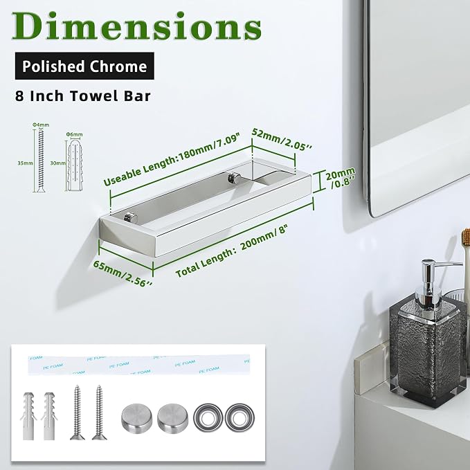 Alise 8'' Hand Towel Holder Towel Bar for Bathroom Wall Mounted,Chrome | Towel Rack for Bathroom Lavatory,SUS304 Stainless Steel Towel Rail for Bath Kitchen Walls,Self-adhesive or Drilling Mount