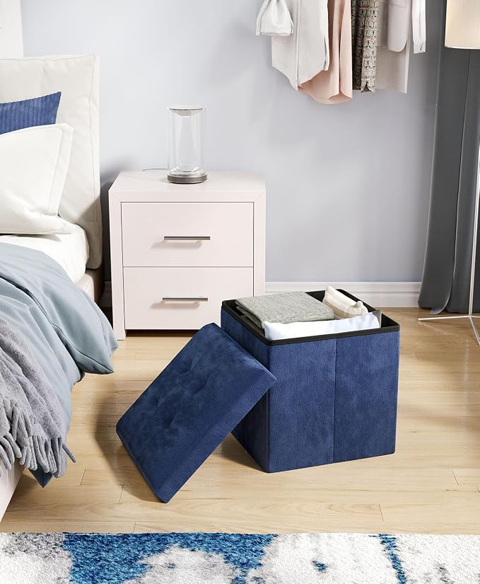 Folding Storage Ottoman Bench, Navy Blue, 15 Inches | Multi-Functional Ottoman Foot Rest, End of Bed Bench, Storage Chest, Living Room, Bedroom, Hallway, Entryway, 300 lb Capacity