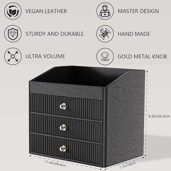 LADSTAG Cosmetic Organizer,Luxury Make up Organizer with 3 shelf Drawers,Black Large Capacity Makeup Organizers for Skincare,Brushes, Dresser,Bedroom,Bathroom,Birthday Gifts for Mom