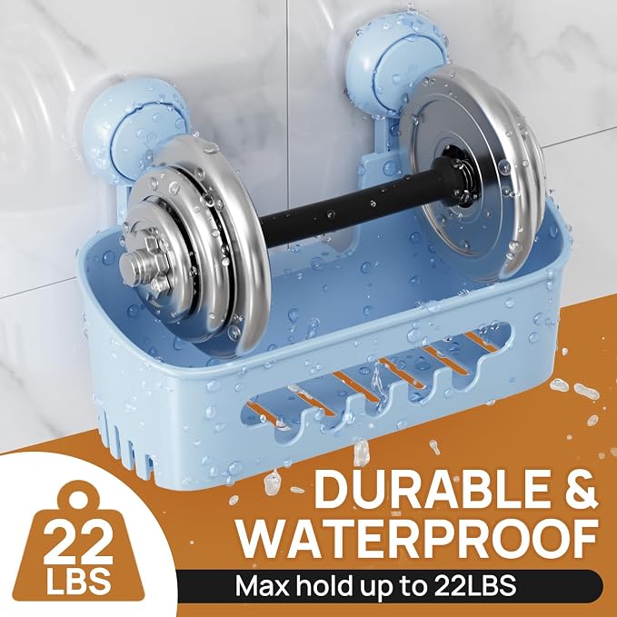 LEVERLOC Shower Caddy Suction Cup Set Shower Organizer & Soap Holder, Blue | Toothbrush Holder, Bathroom Shelf Basket NO-Drilling, Removable Shower Storage, Waterproof Bathroom Holder