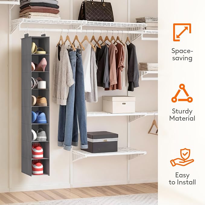 Lifewit 8 Section Hanging Shoe Storage Organizer for Closet Foldable, Gray | Folding Shoe Racks, Fabric Shoes Storage with Two Hangers, Closet Organizers and Storage for Wardrode, Dorm