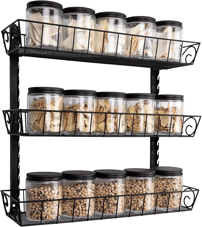 SWOMMOLY Wall Mount Spice Rack Organizer, 3-Tier Adjustable Dual-Use Shelf | Hanging Spice Rack Organizer, Kitchen Pantry Cabinet Storage Holder for Spices, Mason Jars, Bottles & Cans, Black