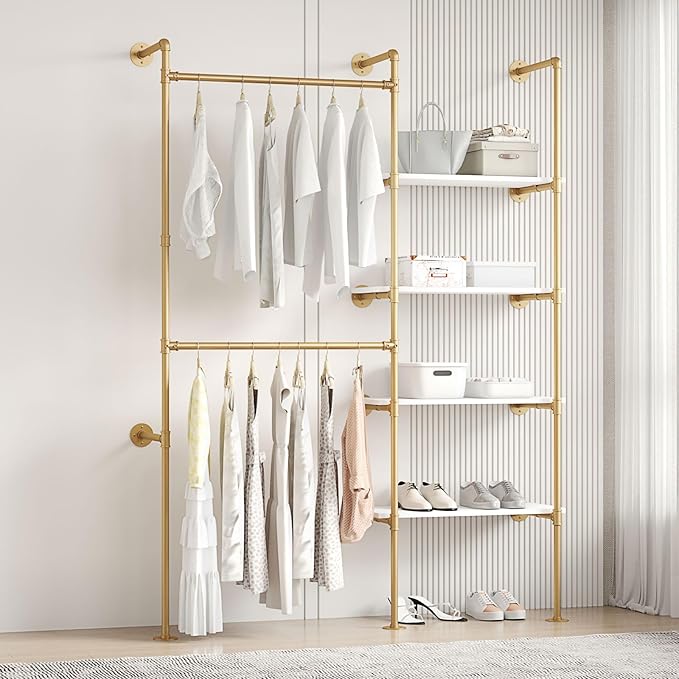 Industrial Pipe Clothing Rack | Hanging Rods Clothes Rack with Shelves, Clothes Rack for Wardrobe, Corner Closet System for Walk in Closets