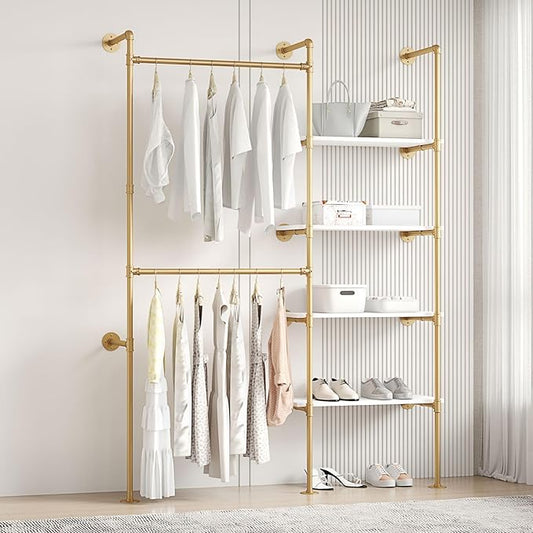 Industrial Pipe Clothing Rack | Hanging Rods Clothes Rack with Shelves, Clothes Rack for Wardrobe, Corner Closet System for Walk in Closets
