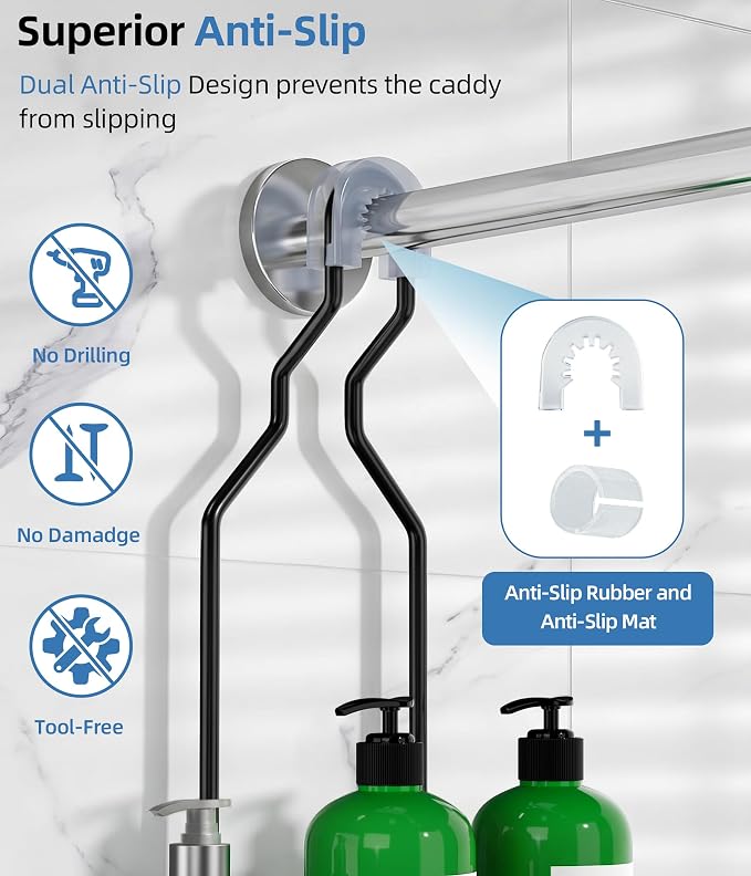 Adjustable Shower Caddy Hanging, Extended Length Organizer Over Shower Head, 3 Tier Long Neck Shower Rack with Soap Holder for Large Storage, Black