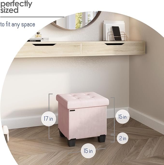 Storage Ottoman Cube with Small Bin, 15-in Square Ottoman with Storage for Living Room and Bedroom, Small Ottomans Foot Rest, Velvet Foot Stools Ottomans Max 330lbs, Pink