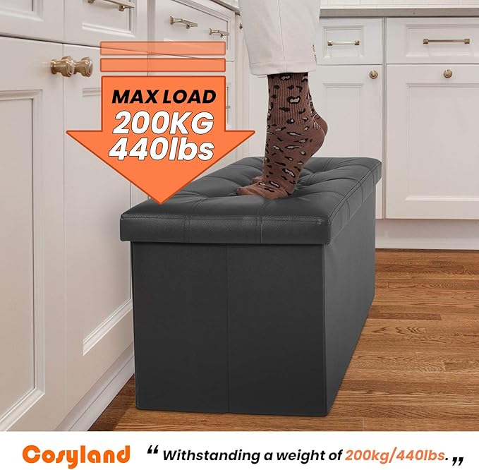 COSYLAND Ottoman Bench with Storage - 30x15x15in Folding Leather Ottoman, Rectangle Foot Stool Foldable Storage Chest Footrest Footstool Collapsible with Lid for Bedroom Living Room Pure Black