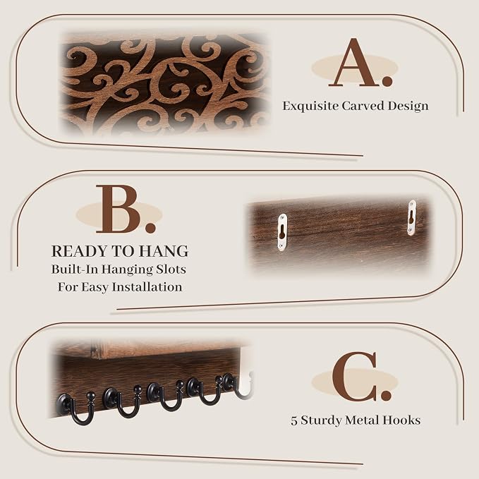 Novabright Mail and Key Holder for Wall Decorative Wall-Mounted Carved Wooden Mail Organizer with 5 Sturdy Key Hooks Rustic Home Decor for Entryway Hallway Office Farmhouse