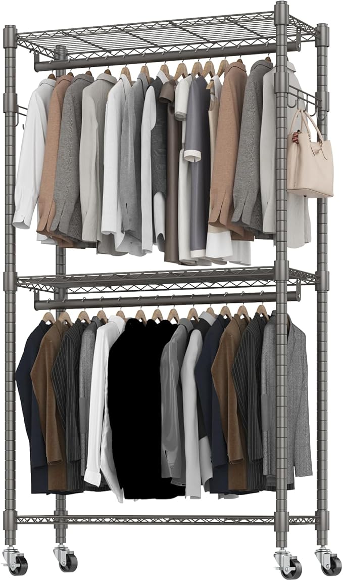 BATHWA Clothes Racks for Hanging Clothes, 35.5" W x 16.5" D x 80.7" H, Rolling Tall Heavy Duty Wardrobe Rack with Shelves & Wheels Metal Freestanding Multifuctional for Bedroom Laundry balcony, Grey
