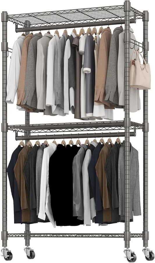 BATHWA Clothes Racks for Hanging Clothes, 35.5" W x 16.5" D x 80.7" H, Rolling Tall Heavy Duty Wardrobe Rack with Shelves & Wheels Metal Freestanding Multifuctional for Bedroom Laundry balcony, Grey