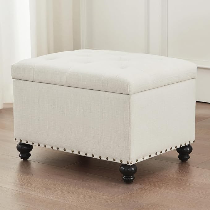 Zihanhome Small Storage Ottoman, Tufted Ottoman Foot Rest, Foot Stools, 24" Upholstered Rectangle Bench with Solid Wood Legs for Living Room, Bedroom, Dorms and Apartments (White)