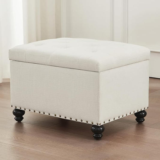 Zihanhome Small Storage Ottoman, Tufted Ottoman Foot Rest, Foot Stools, 24" Upholstered Rectangle Bench with Solid Wood Legs for Living Room, Bedroom, Dorms and Apartments (White)