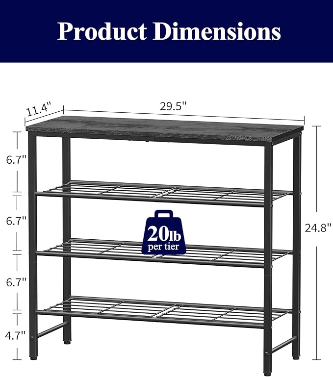 Kitsure Shoe Rack for Closet, Shoe Storage, 29.5" Wide - 4 Tier, Black | Space-Saving Shoe Organizer with Leveling Feet, Sturdy & Rust-Proof Wooden Shoe Rack for Entryway, Bedroom, Living Room