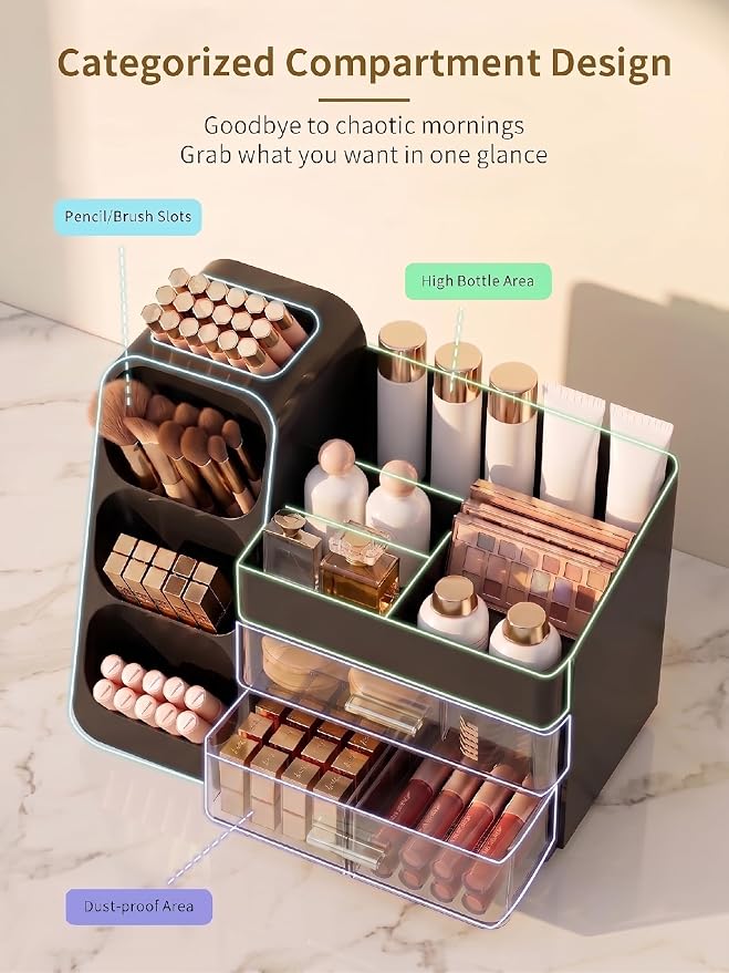 Booklov Large Makeup Organizer for Vanity Countertop, Black | Clear Acrylic Cosmetic Display Case, Beauty Brush Holder for Bathroom Counter, Make Up Skincare Lipsticks Storage