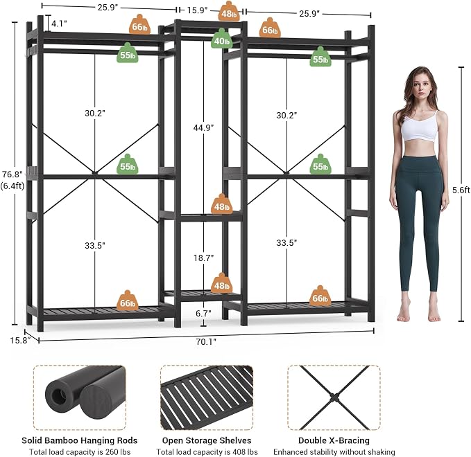 Bamboo Closet System Clothes Rack, Large Freestanding Garment Rack Clothing Rack for Hanging Clothes with 7 Storage Shelves and 5 Rods, Open Wardrobe Organizer with 4 Hooks, Black